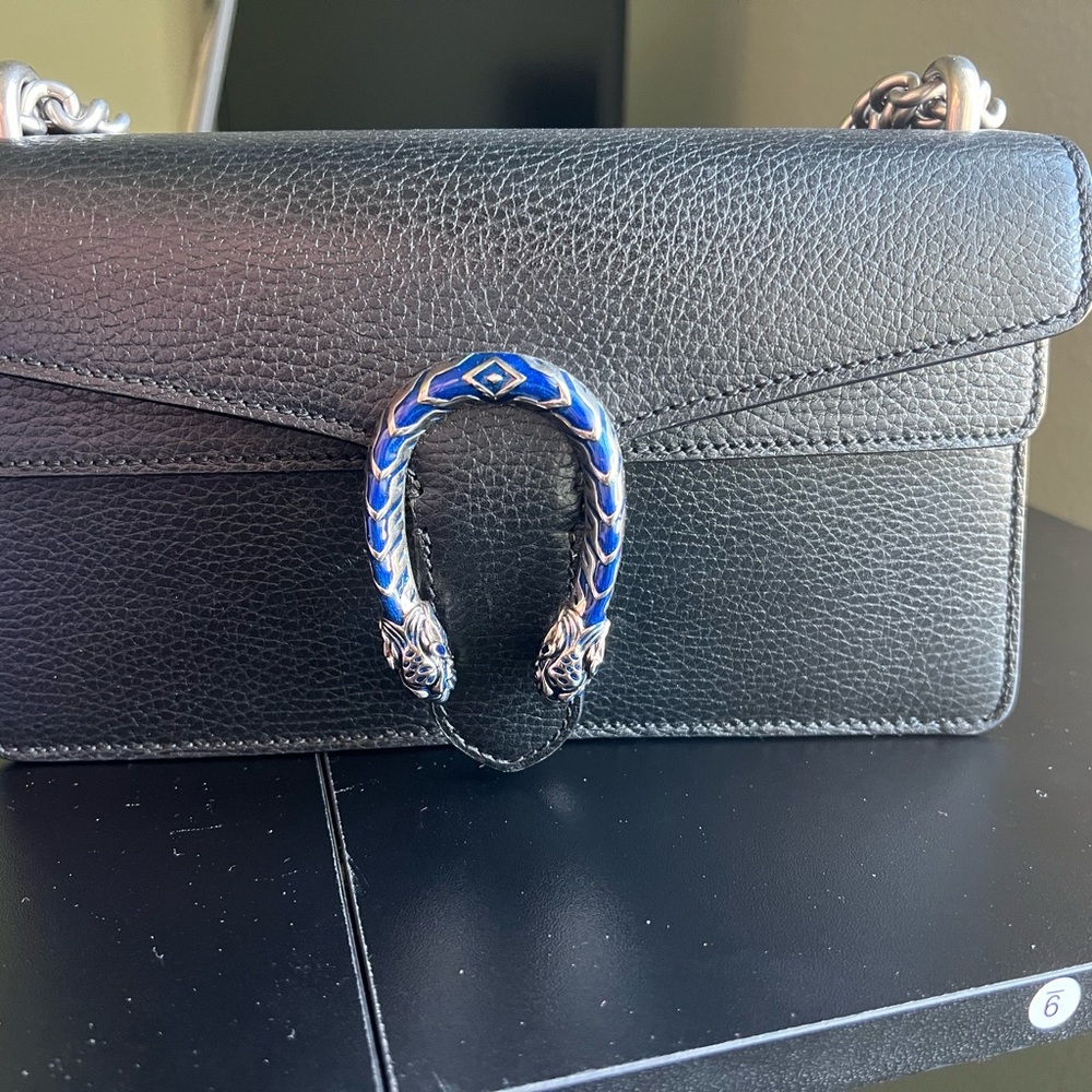 Gucci Dollar Calfskin Enamel Small Dionysus Shoulder Bag Black Electric Blue